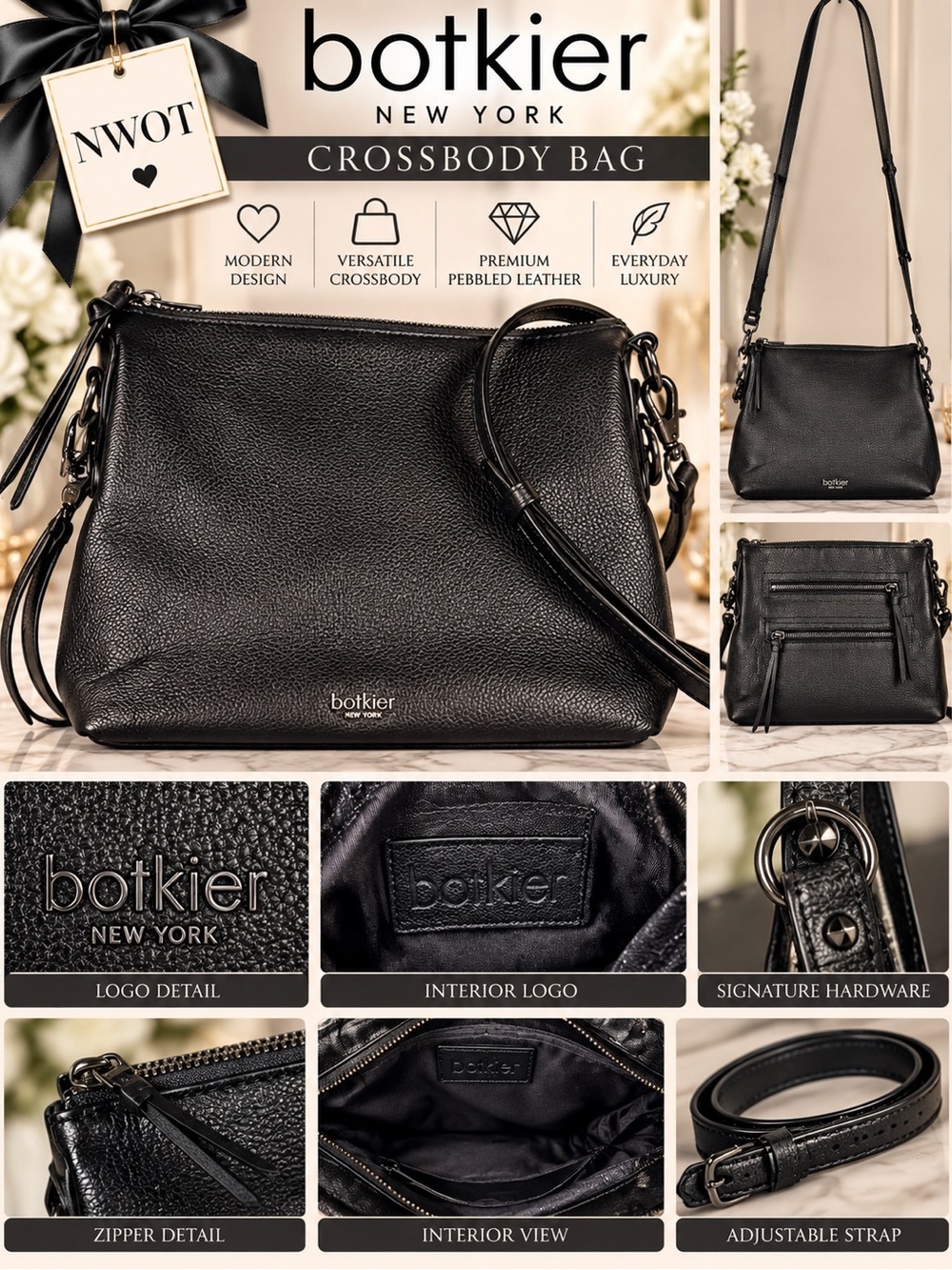 NWOT Botkier New York Black Pebbled Leather Crossbody Shoulder Bag